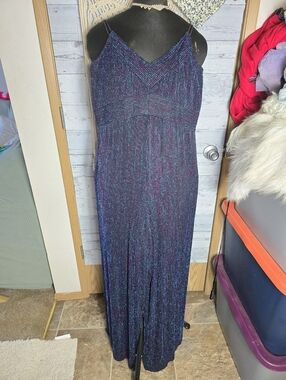 Vtg 90's Disco Glam Rock Sparkle Iridescent Blue-Purple Sleeveless Jumpsuit
